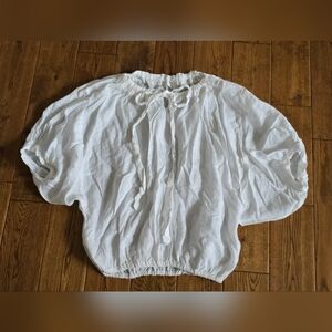 CP Shades White Linen Dolman Tie Neck Short Sleeve Top